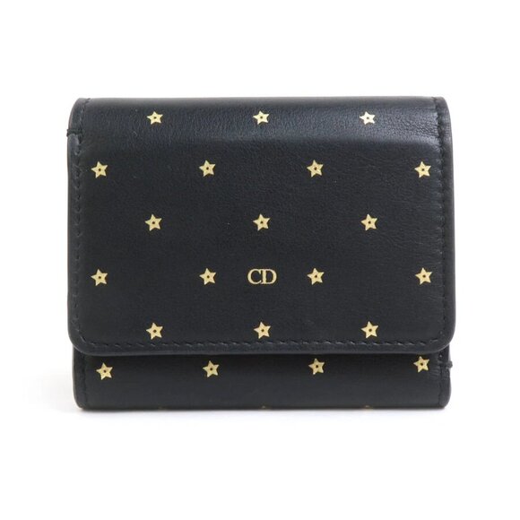 Auth Christian Dior Trifold Wallet Black/Gold Leather - Picture 1 of 8